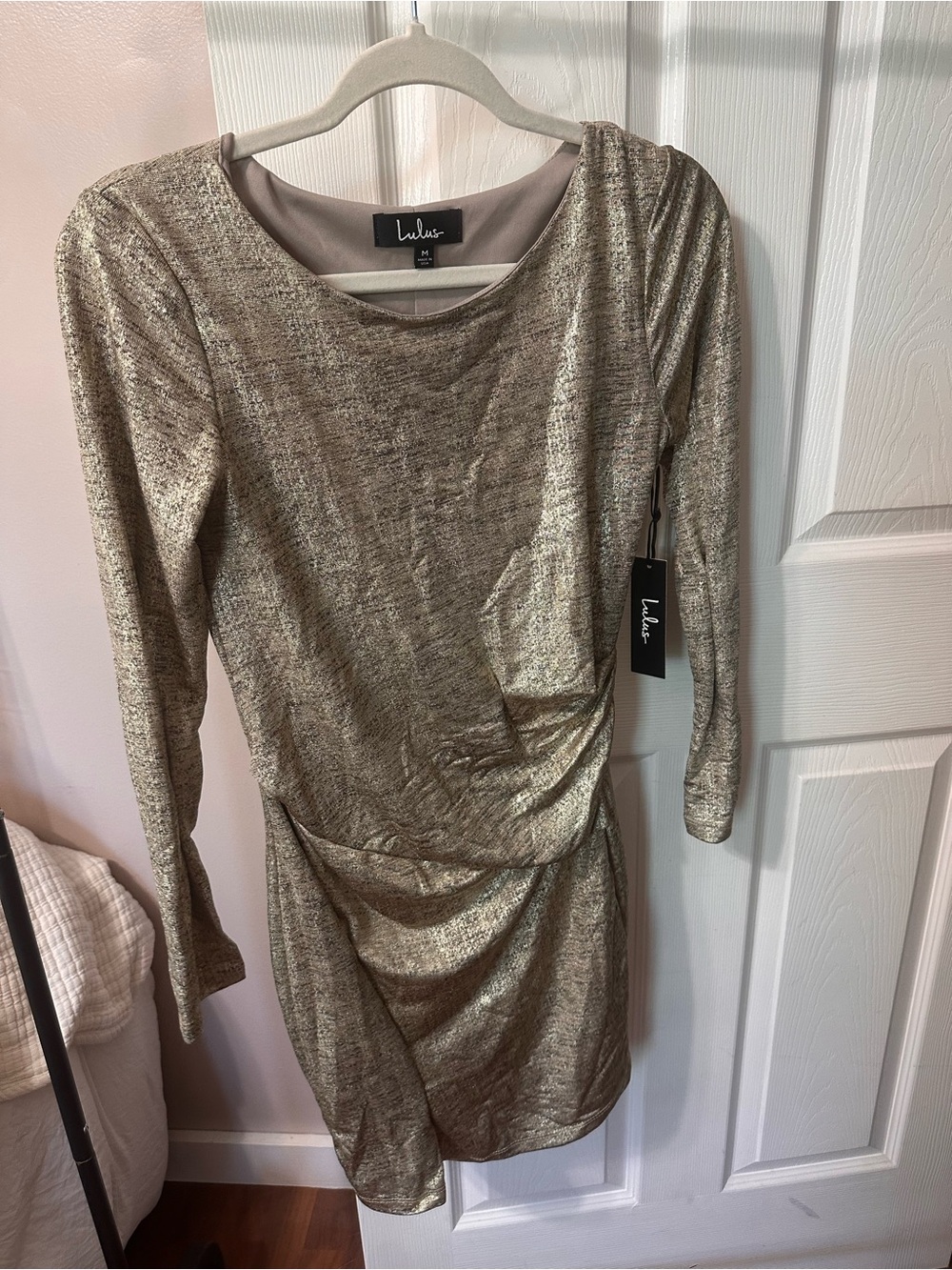 Lulu's Metallic Gold Long-Sleeve Ruched Mini Dress